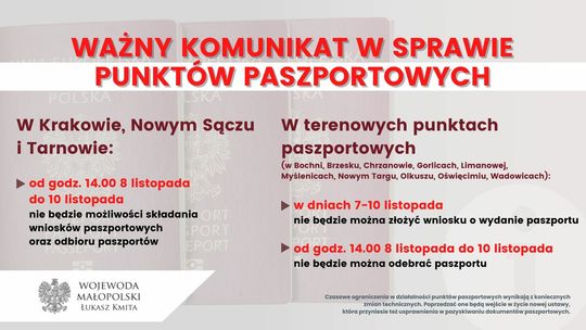 Małopolska. Będą utrudnienia w punktach paszportowych