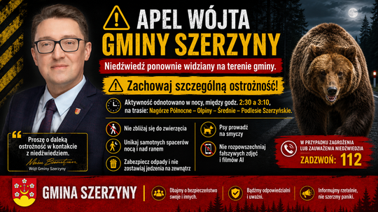 Niedźwiedź ponownie widziany w Szerzynach. Apel o ostrożność i nierozpowszechnianie fałszywych materiałów