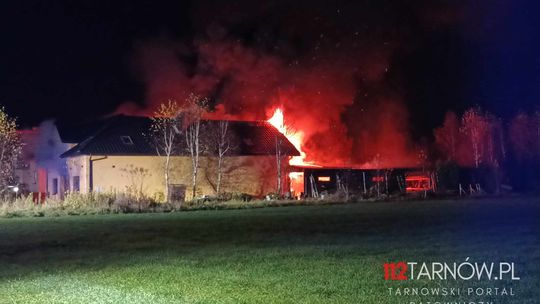 Pożar budynku gospodarczego w Łęgu Tarnowskim. Na miejscu liczne zastępy straży pożarnej