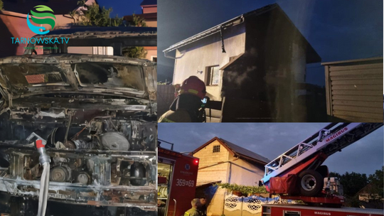 Pożar samochodu i budynku gospodarczego w Zabawie