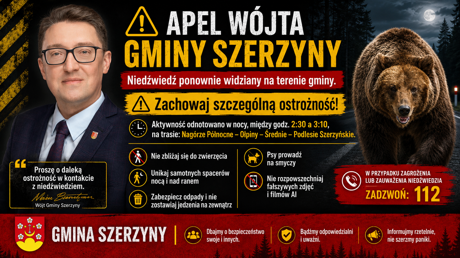 Niedźwiedź ponownie widziany w Szerzynach. Apel o ostrożność i nierozpowszechnianie fałszywych materiałów