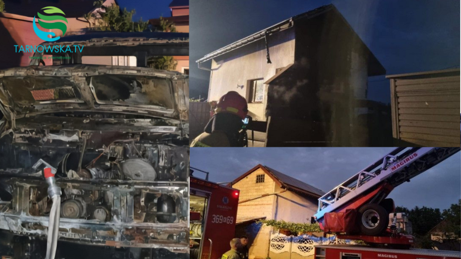 Pożar samochodu i budynku gospodarczego w Zabawie