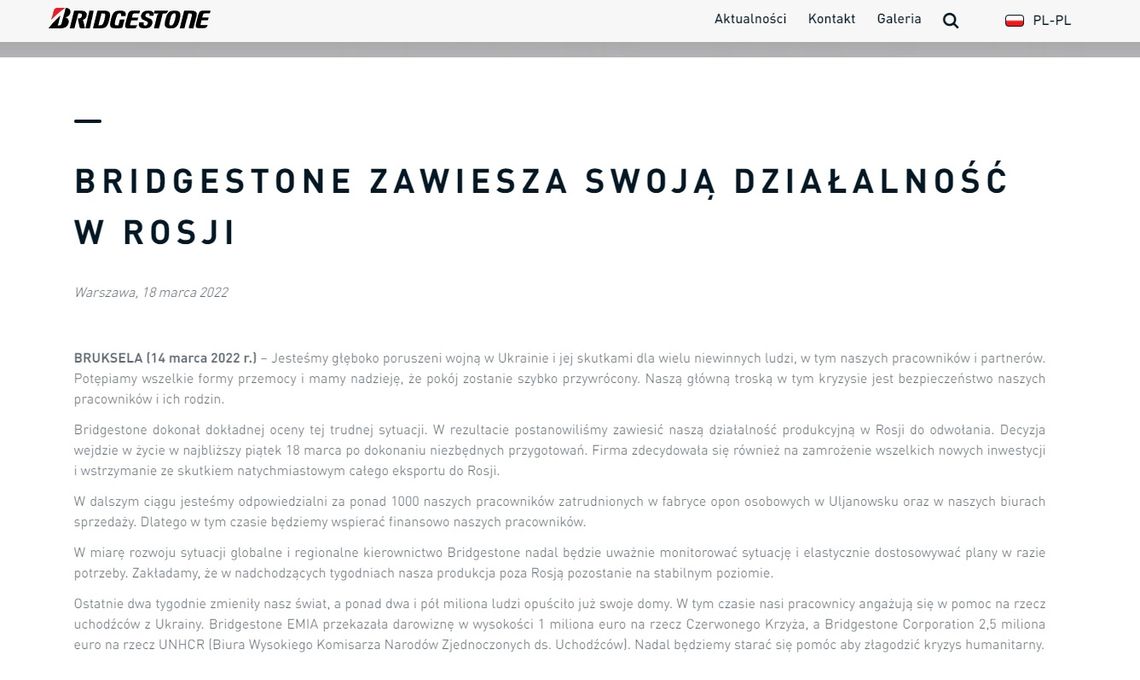 Bridgestone zawiesza swoją działalność w Rosji