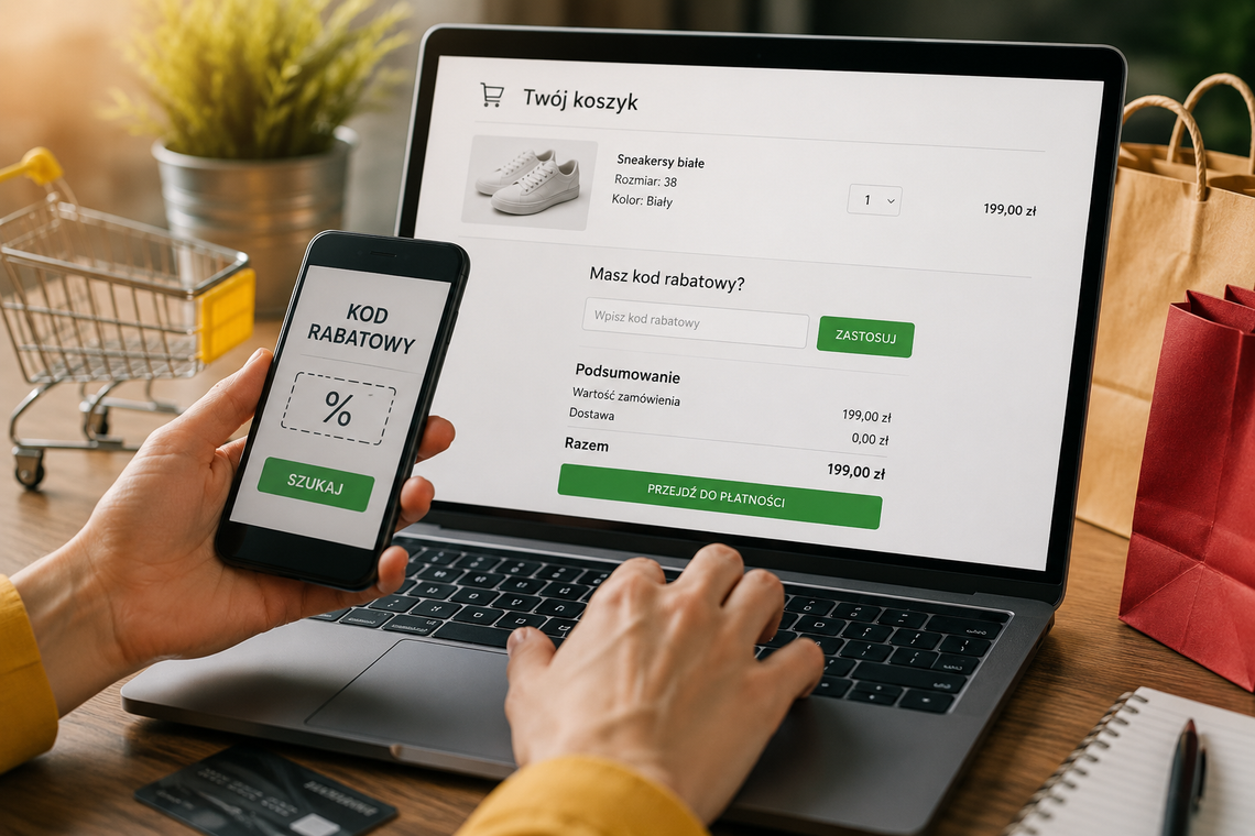 Osoba wpisuje kod rabatowy podczas finalizacji zakupów online na laptopie i smartfonie – symbol szukania promocji i oszczędzania przy płatności w sklepie internetowym.