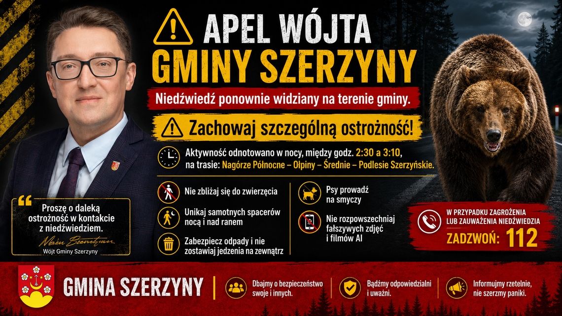 Niedźwiedź ponownie widziany w Szerzynach. Apel o ostrożność i nierozpowszechnianie fałszywych materiałów Niedźwiedź ponownie widziany w Szerzynach. Apel o ostrożność i nierozpowszechnianie fałszywych materiałów