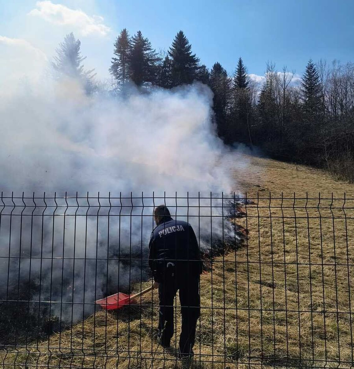 Policjanci z podkarpacia gasili pożar łąki łopatą do śniegu Policjanci z podkarpacia gasili pożar łąki łopatą do śniegu