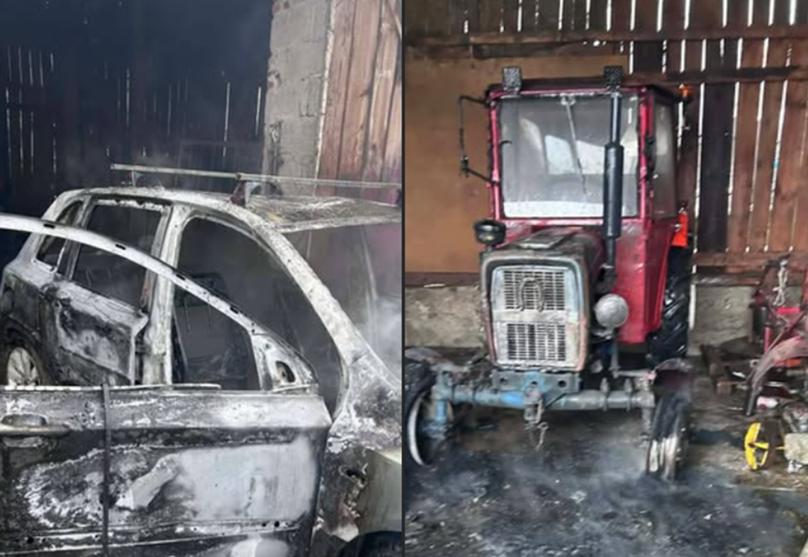 Pożar ciągnika i samochodu w budynku gospodarczym w powiecie dębickim