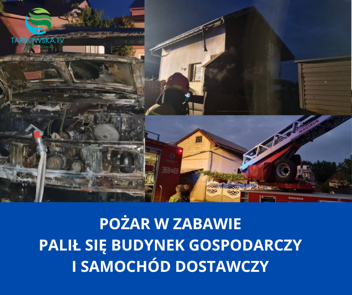 Pożar samochodu i budynku gospodarczego w Zabawie