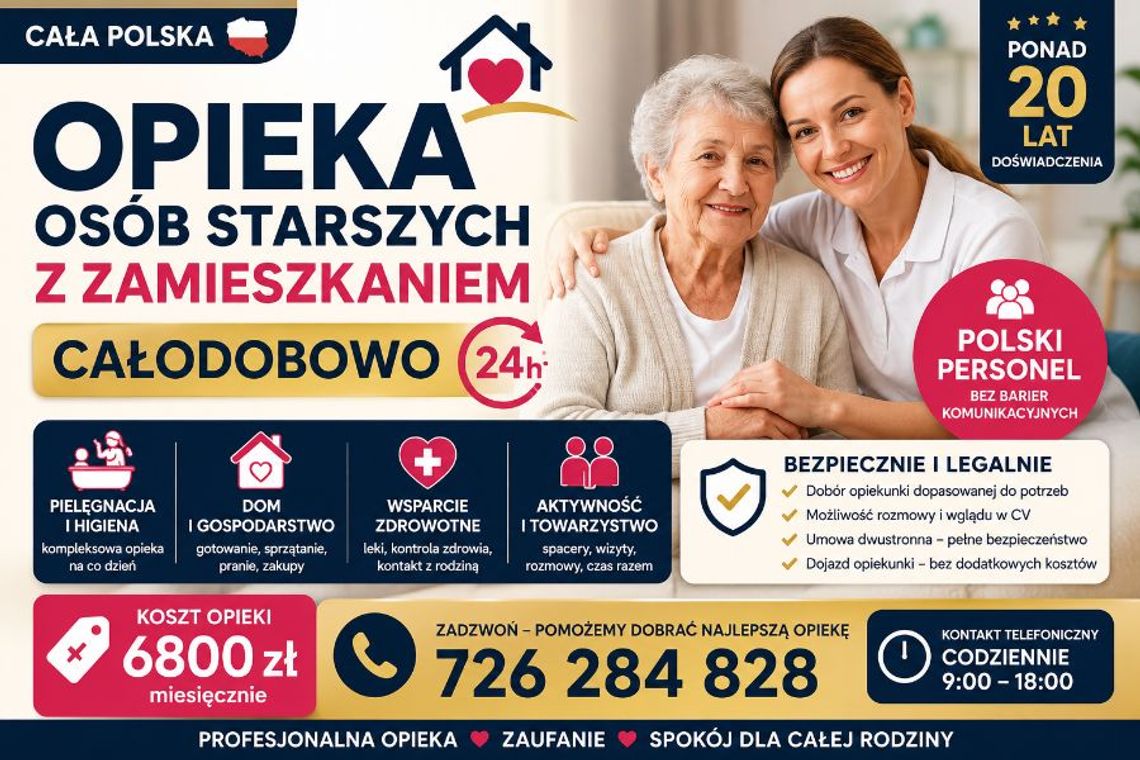 Całodobowa opieka domowa z zamieszkaniem nad seniorem, cała Polska