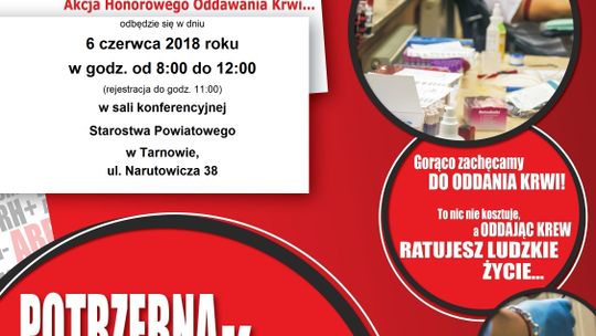 Dar krwi dla potrzebujących - 6 czerwca akcja honorowego krwiodawstwa w Starostwie Powiatowym w Tarnowie
