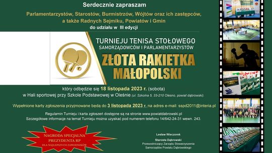 Zapraszamy do udziału w III Turnieju Tenisa Stołowego Samorządowców i Parlamentarzystów „Złota Rakietka Małopolski”