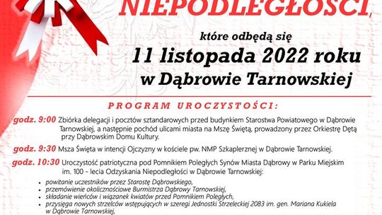 Zapraszamy na Powiatowe obchody 104. rocznicy Odzyskania Niepodległości w Dąbrowie Tarnowskiej