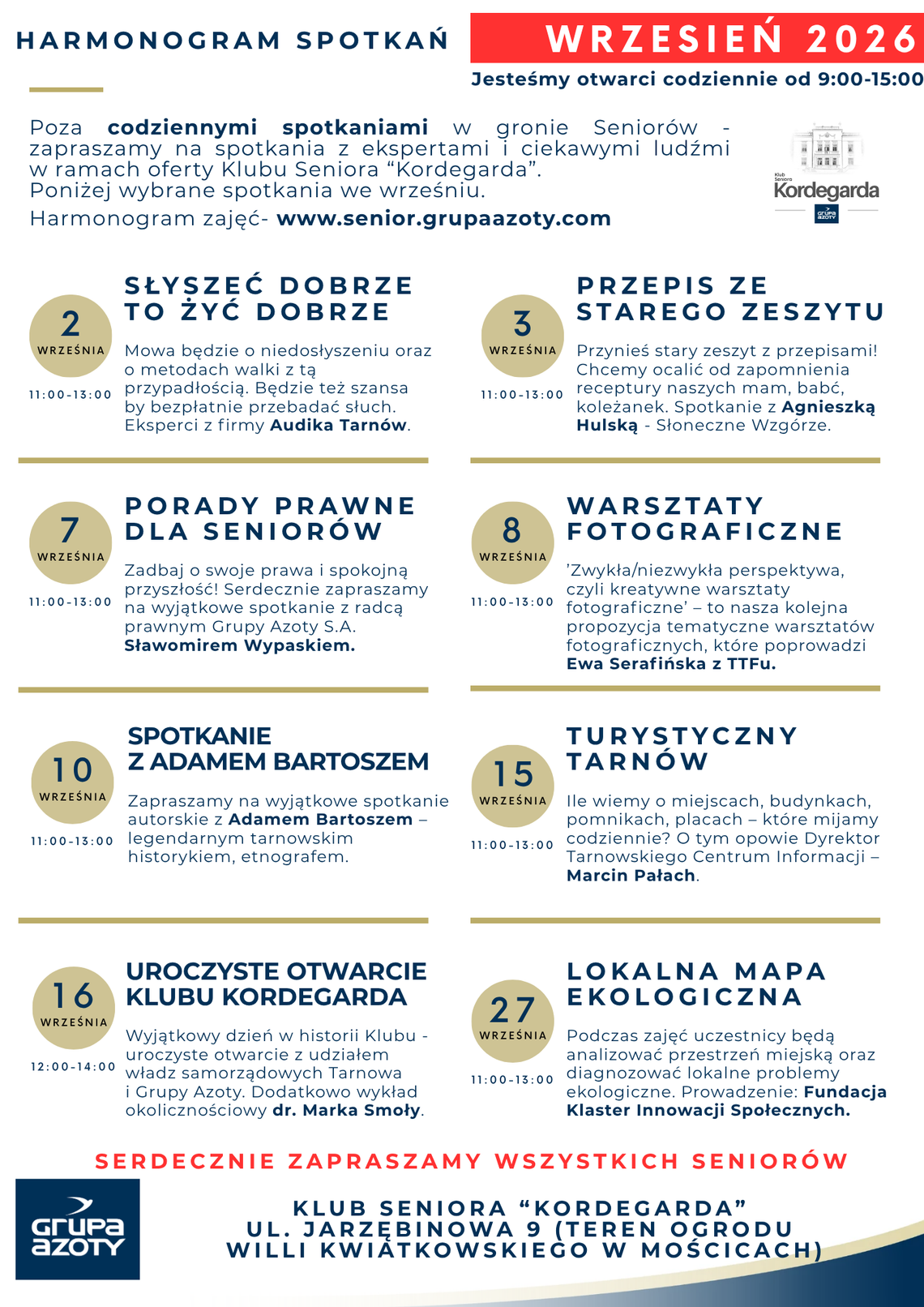 BEZPŁATNE zajęcia w Klubie Seniora "Kordegarda" BEZPŁATNE zajęcia w Klubie Seniora "Kordegarda"