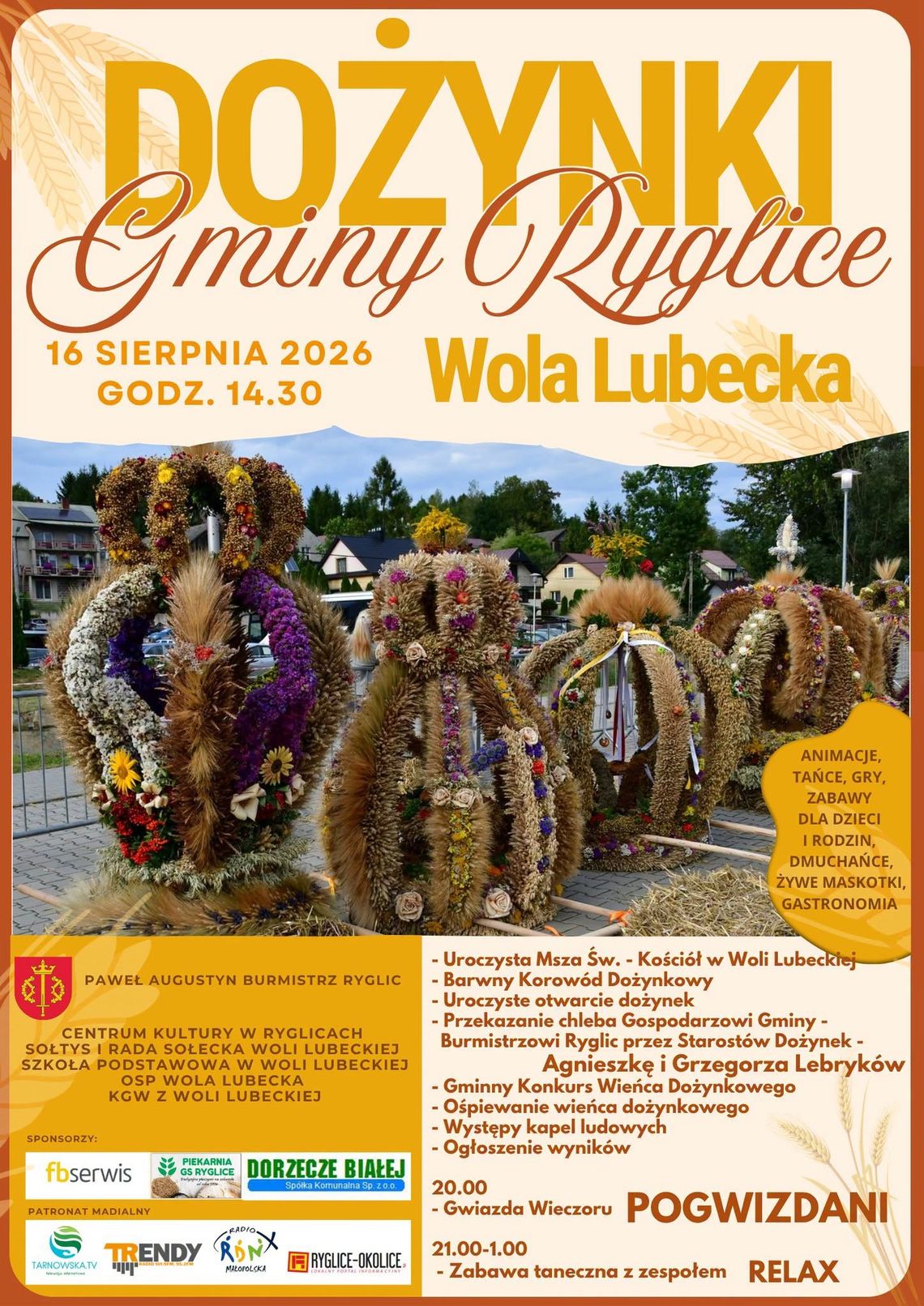 Dożynki Gminy Ryglice 2026 w Woli Lubeckiej. Korowód, konkurs wieńców i koncert zespołu Pogwizdani Dożynki Gminy Ryglice 2026 w Woli Lubeckiej. Korowód, konkurs wieńców i koncert zespołu Pogwizdani