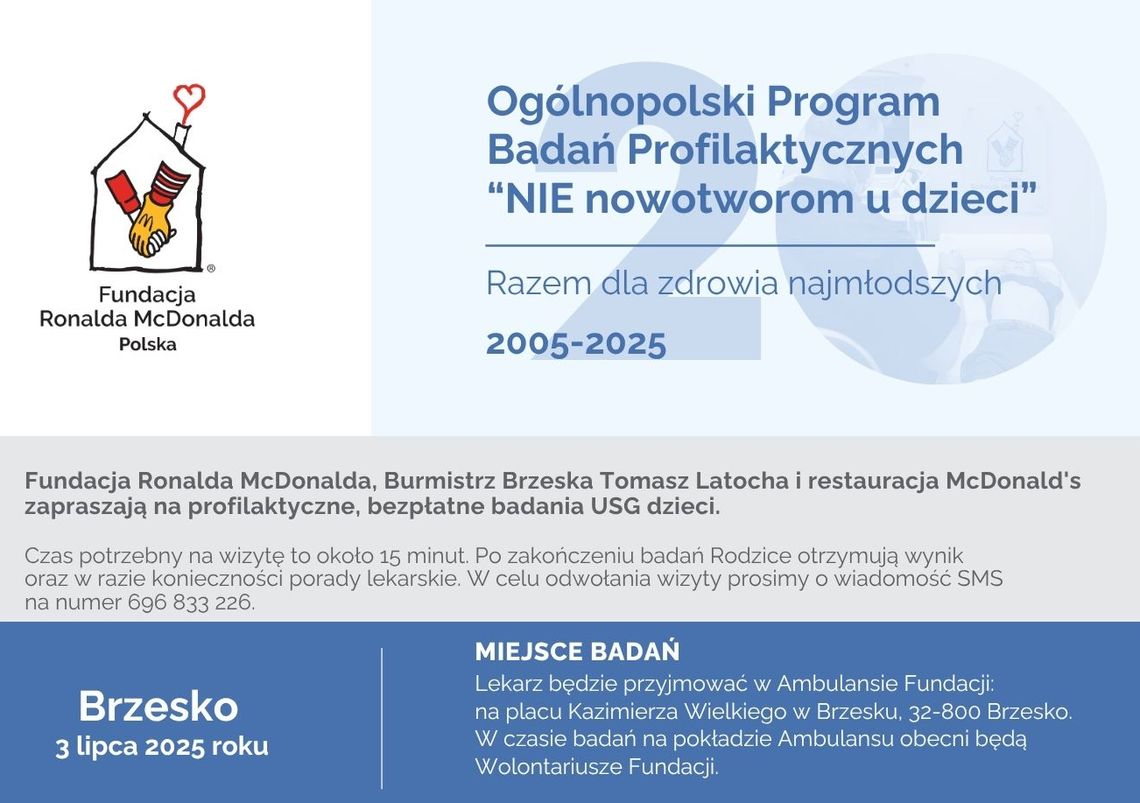 "NIE nowotworom u dzieci" - profilaktyczne badania w Brzesku, obowiązują zapisy