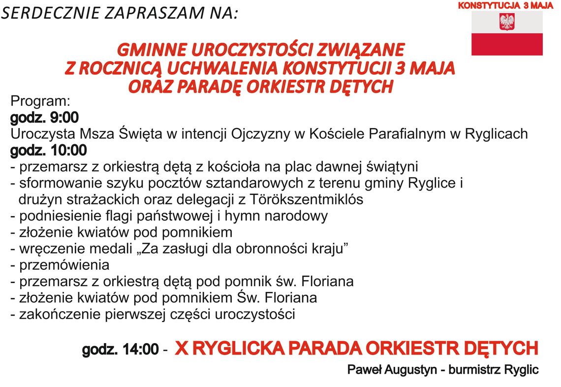 Zapraszamy na uroczystości Uchwalenia Konstytucji 3 maja do Ryglic Zapraszamy na uroczystości Uchwalenia Konstytucji 3 maja do Ryglic
